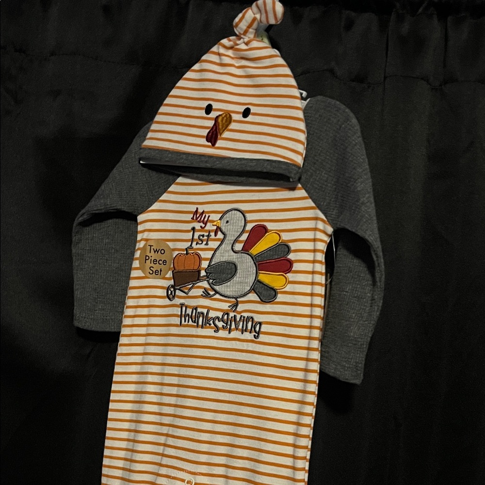 New. Baby Essentials Striped Thanksgiving Baby Outfit with Hat